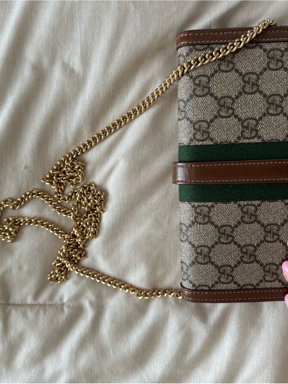 Gucci Brown GG Canvas Shoulder Bag with Green Web and Gold Chain - Picture 6 of 7
